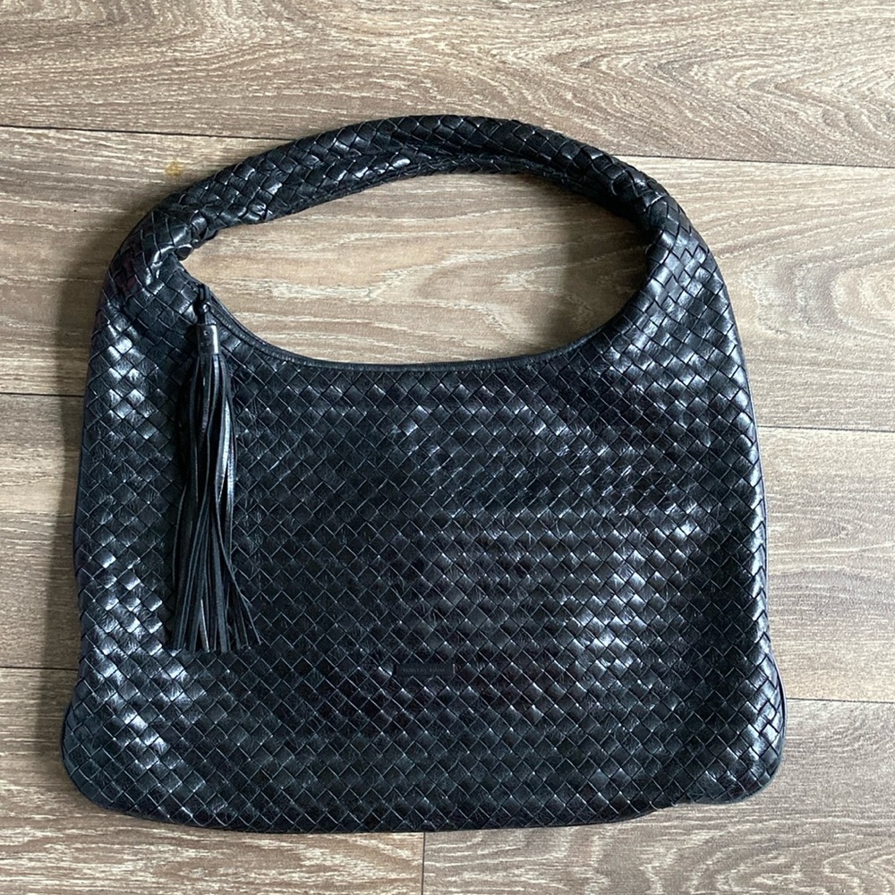 Francesco Biasia Leather Woven Bottega Inspired Black Handbag